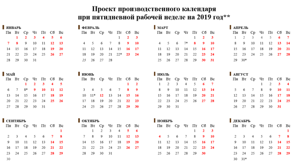 Производственный календарь выходных на 2019 год